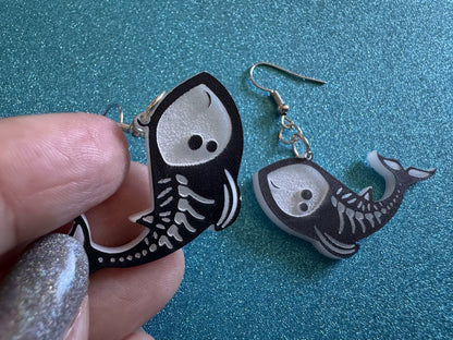 Dainty Halloween Whale Earrings: Laser Cut Acrylic Whales, Fish Skeleton, Novelty Costume Jewelry, Gag Gift, Best Gifts for Her/Him/Them