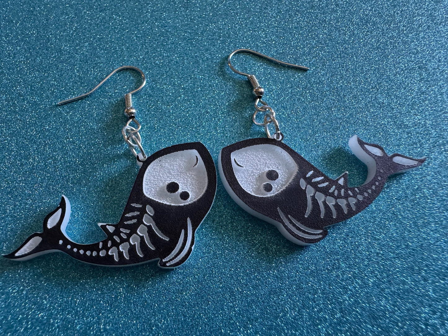 Dainty Halloween Whale Earrings: Laser Cut Acrylic Whales, Fish Skeleton, Novelty Costume Jewelry, Gag Gift, Best Gifts for Her/Him/Them