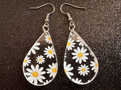 Daisy Earrings: Laser Cut Acrylic Flowers, Floral, Flowers, White Flowers, Bouquet, Plants, Summer, Valentines, Best Gifts for Her/Him/Them