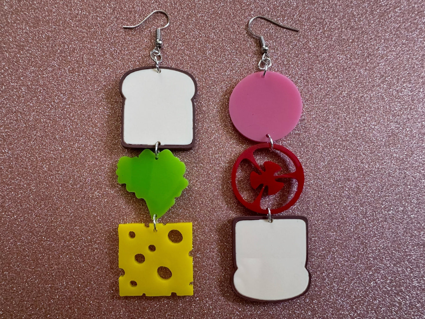 Deconstructed Sandwich Earrings: Laser Cut Acrylic Sammich, Food, Tomato, Cheese, Ham, Slices, Food Earrings, Best Gifts for Her/Him/Them