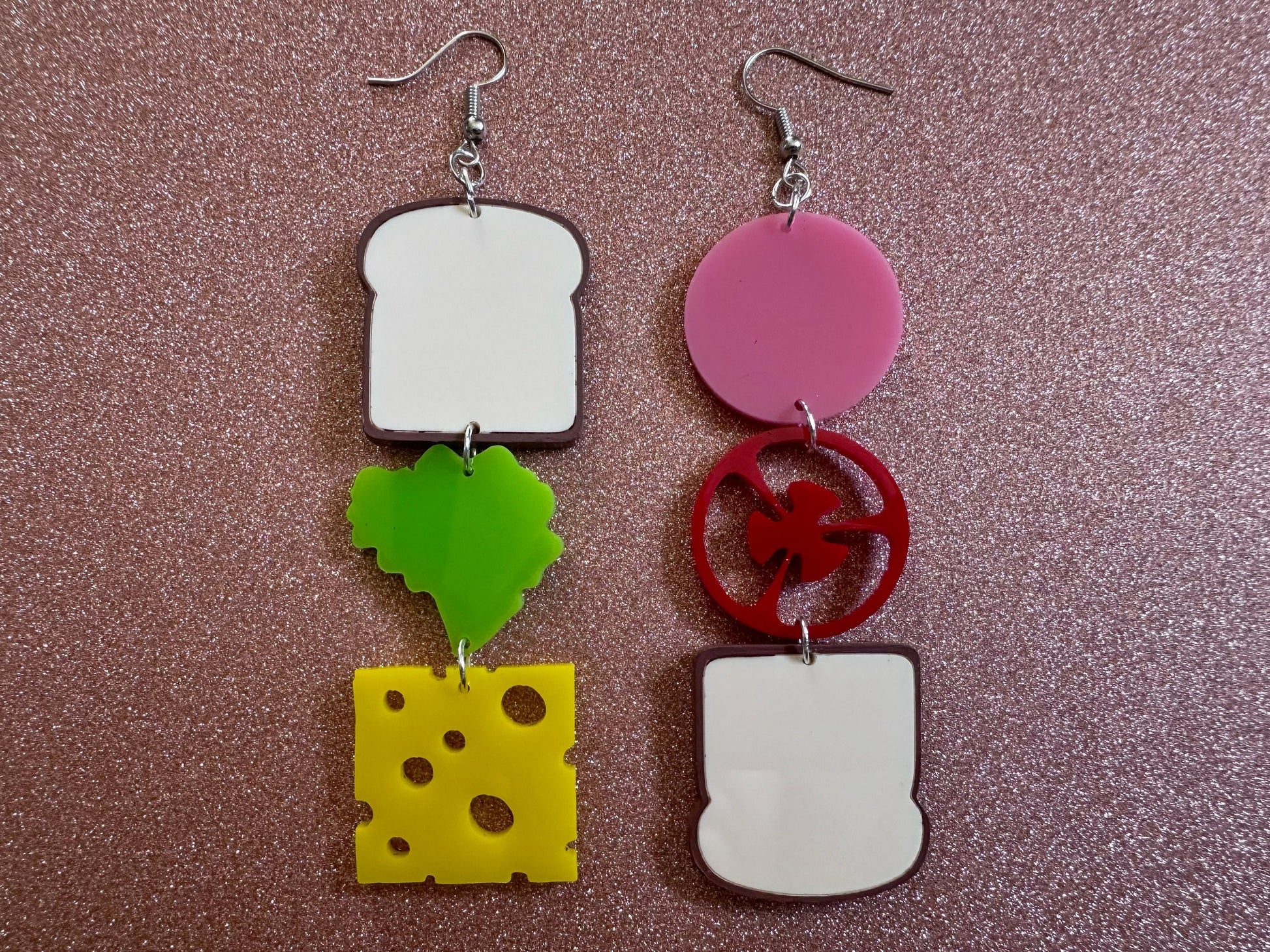 Deconstructed Sandwich Earrings: Laser Cut Acrylic Sammich, Food, Tomato, Cheese, Ham, Slices, Food Earrings, Best Gifts for Her/Him/Them