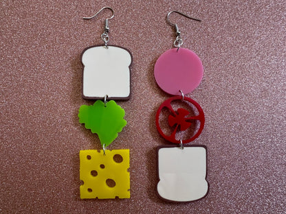 Deconstructed Sandwich Earrings: Laser Cut Acrylic Sammich, Food, Tomato, Cheese, Ham, Slices, Food Earrings, Best Gifts for Her/Him/Them