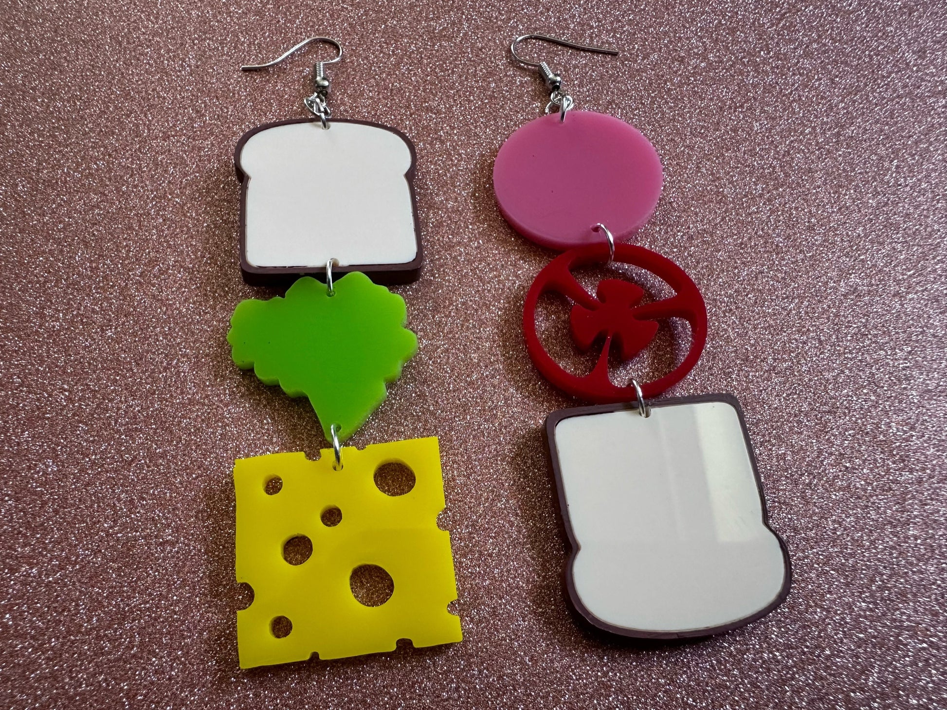 Deconstructed Sandwich Earrings: Laser Cut Acrylic Sammich, Food, Tomato, Cheese, Ham, Slices, Food Earrings, Best Gifts for Her/Him/Them