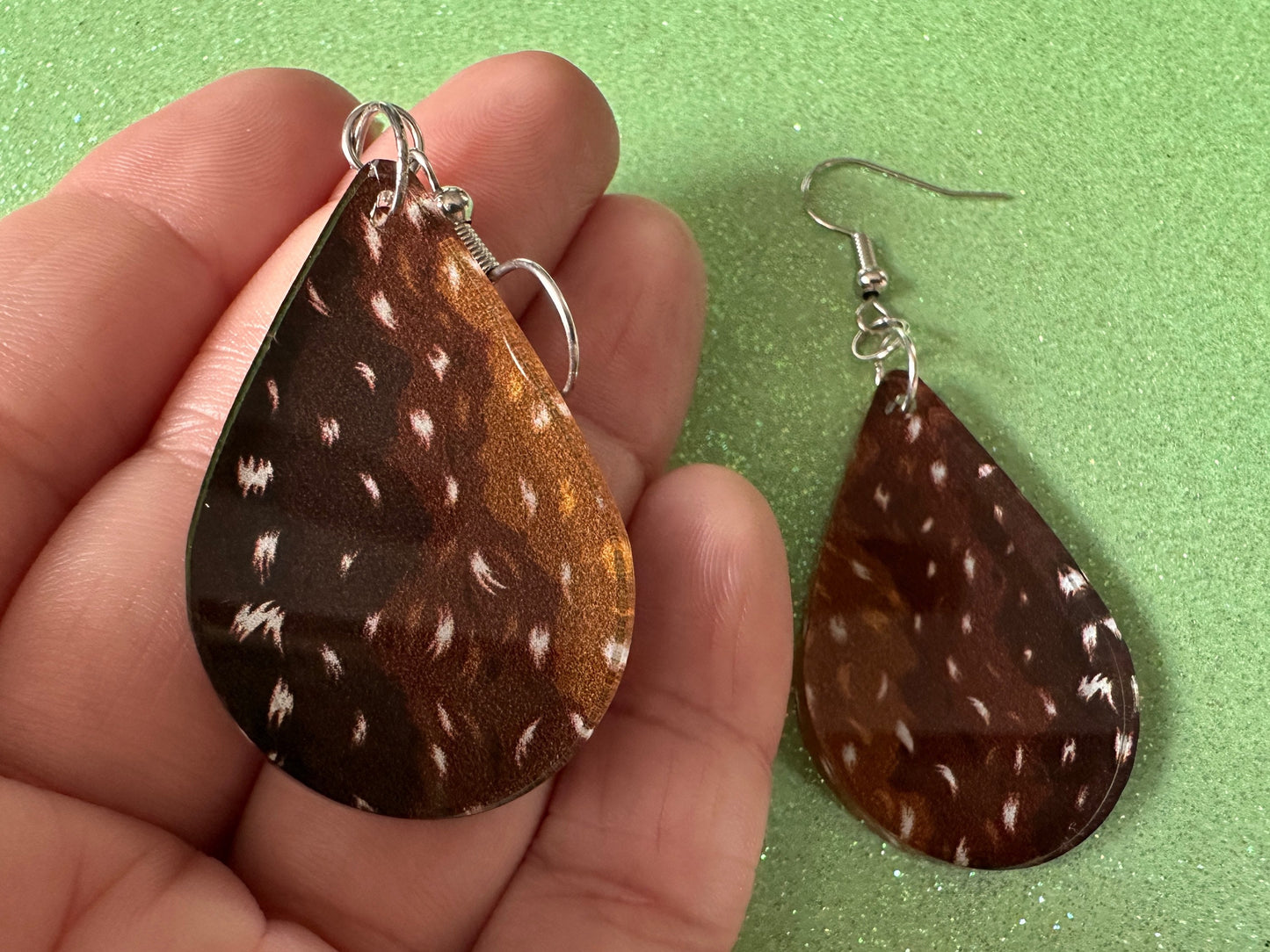 Deer Hide Earrings: Laser Cut Acrylic Hunting Earrings, Forest, Green Earrings, Hunt, Forest Animal, Deer Skin, Best Gifts for Her/Him/Them