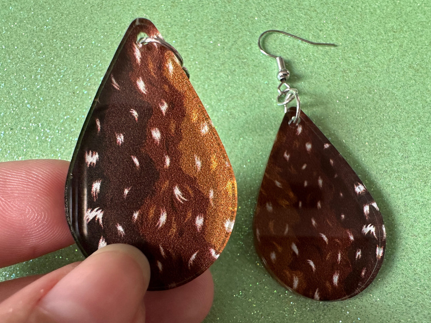 Deer Hide Earrings: Laser Cut Acrylic Hunting Earrings, Forest, Green Earrings, Hunt, Forest Animal, Deer Skin, Best Gifts for Her/Him/Them