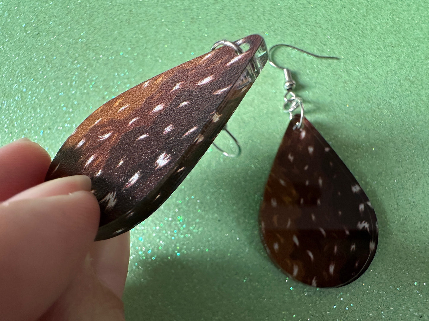 Deer Hide Earrings: Laser Cut Acrylic Hunting Earrings, Forest, Green Earrings, Hunt, Forest Animal, Deer Skin, Best Gifts for Her/Him/Them