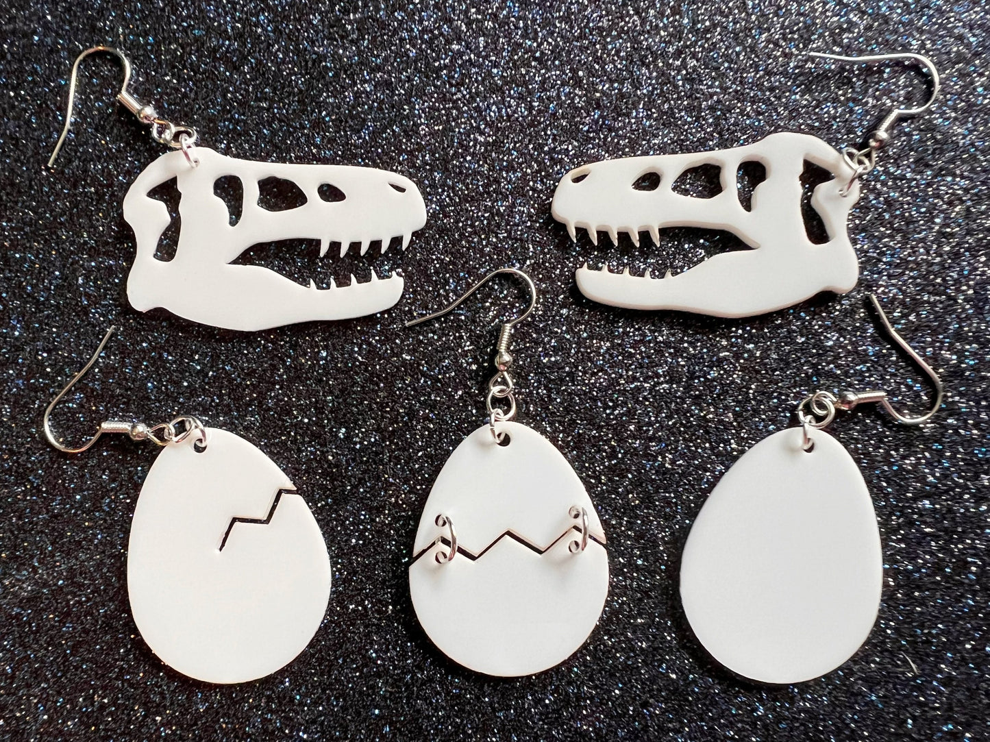 Dino Skull & Eggs Earrings: Laser Cut Acrylic Dinosaur Skeleton, T-Rex, Tyrannosaurus Rex, Bones, Jurassic Park, Best Gift for Her/Him/Them