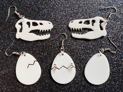 Dino Skull & Eggs Earrings: Laser Cut Acrylic Dinosaur Skeleton, T-Rex, Tyrannosaurus Rex, Bones, Jurassic Park, Best Gift for Her/Him/Them