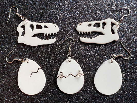 Dino Skull & Eggs Earrings: Laser Cut Acrylic Dinosaur Skeleton, T-Rex, Tyrannosaurus Rex, Bones, Jurassic Park, Best Gift for Her/Him/Them