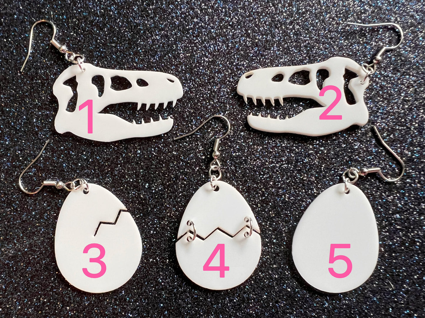 Dino Skull & Eggs Earrings: Laser Cut Acrylic Dinosaur Skeleton, T-Rex, Tyrannosaurus Rex, Bones, Jurassic Park, Best Gift for Her/Him/Them