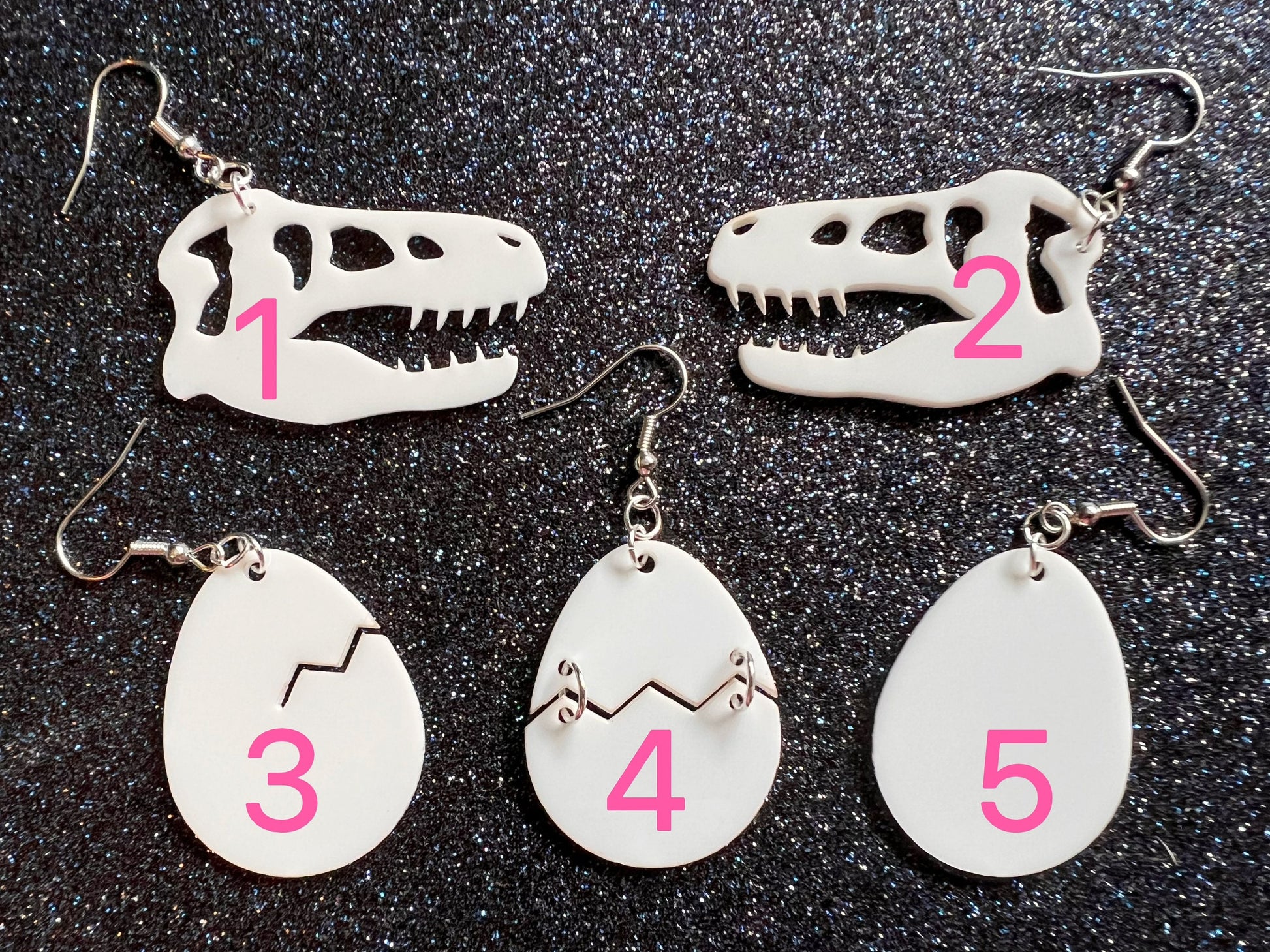 Dino Skull & Eggs Earrings: Laser Cut Acrylic Dinosaur Skeleton, T-Rex, Tyrannosaurus Rex, Bones, Jurassic Park, Best Gift for Her/Him/Them