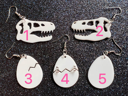 Dino Skull & Eggs Earrings: Laser Cut Acrylic Dinosaur Skeleton, T-Rex, Tyrannosaurus Rex, Bones, Jurassic Park, Best Gift for Her/Him/Them