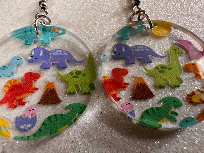 Dinosaur Earrings: Laser Cut Acrylic Dinosaurs, Dinos, Tyrannosaurus Rex, Jurassic, Volcano, Lava, Prehistoric, Best Gifts for Her/Him/Them