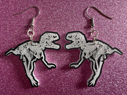 Dinosaur Skeleton Earrings: Laser Cut Acrylic Dinosaurs, Bones, Skeletons, Novelty Earrings, Costume Jewelry, Best Gifts for Her/Him/Them