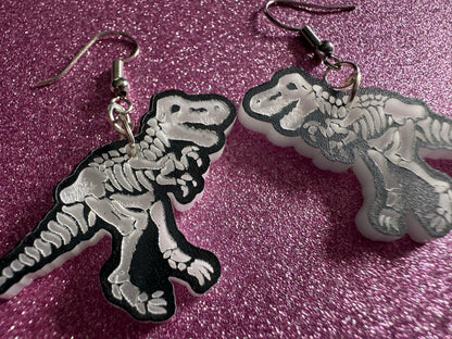 Dinosaur Skeleton Earrings: Laser Cut Acrylic Dinosaurs, Bones, Skeletons, Novelty Earrings, Costume Jewelry, Best Gifts for Her/Him/Them