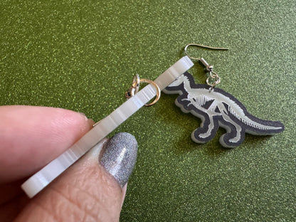 Dinosaur Skeleton Earrings: Laser Cut Acrylic Dinosaurs, Bones, Skeletons, Novelty Earrings, Costume Jewelry, Best Gifts for Her/Him/Them