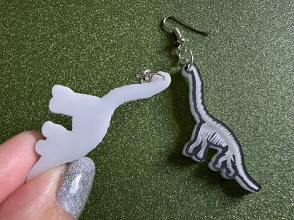 Dinosaur Skeleton Earrings: Laser Cut Acrylic Dinosaurs, Bones, Skeletons, Novelty Earrings, Costume Jewelry, Best Gifts for Her/Him/Them