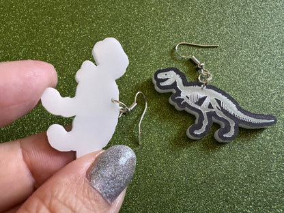 Dinosaur Skeleton Earrings: Laser Cut Acrylic Dinosaurs, Bones, Skeletons, Novelty Earrings, Costume Jewelry, Best Gifts for Her/Him/Them