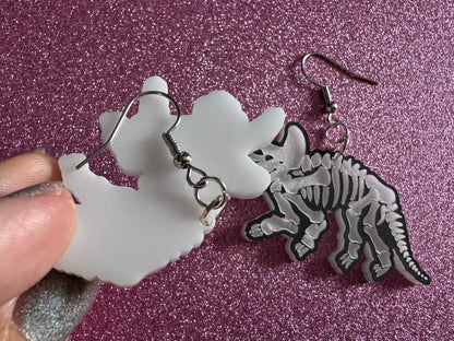 Dinosaur Skeleton Earrings: Laser Cut Acrylic Dinosaurs, Bones, Skeletons, Novelty Earrings, Costume Jewelry, Best Gifts for Her/Him/Them
