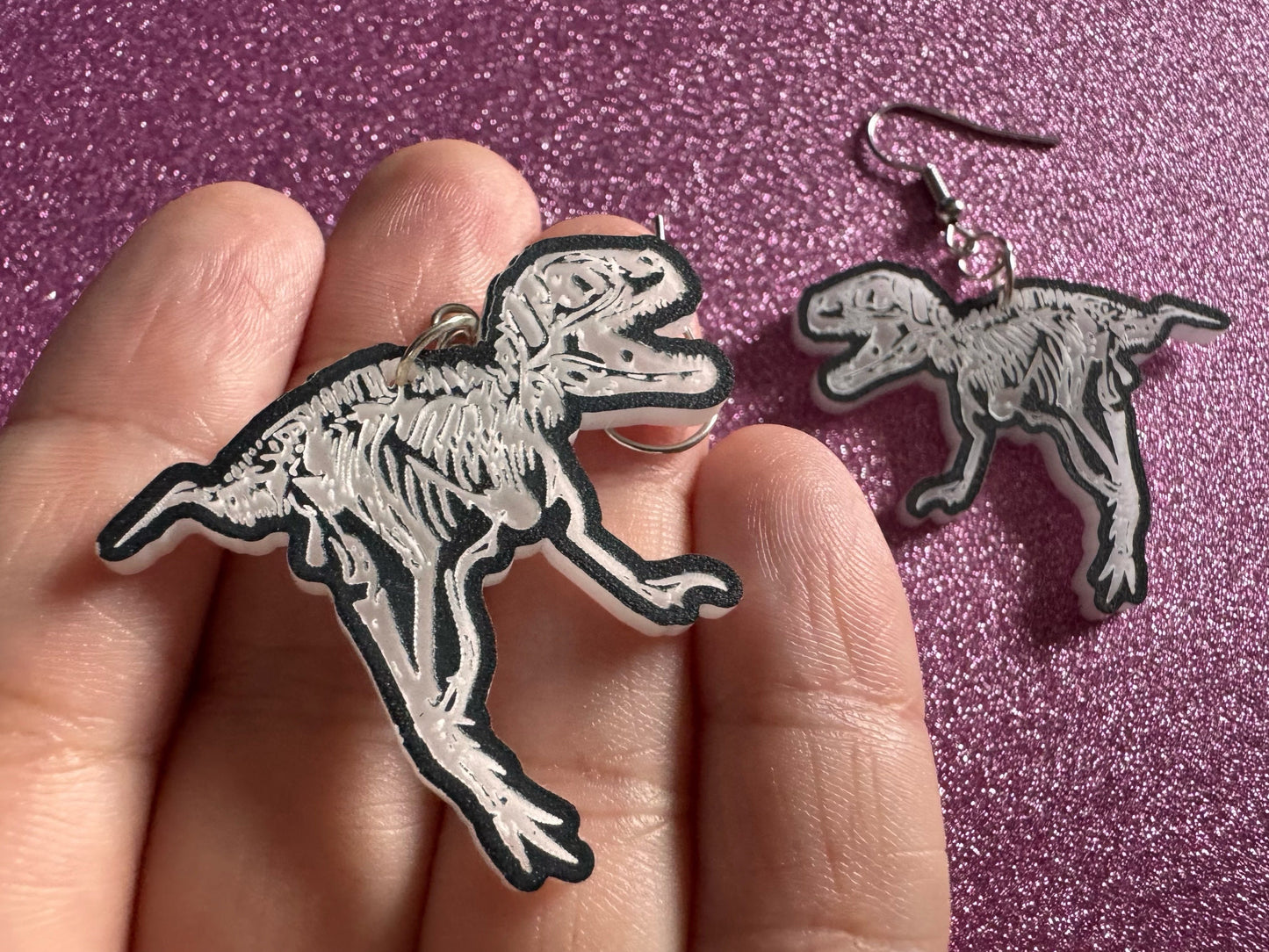Dinosaur Skeleton Earrings: Laser Cut Acrylic Dinosaurs, Bones, Skeletons, Novelty Earrings, Costume Jewelry, Best Gifts for Her/Him/Them