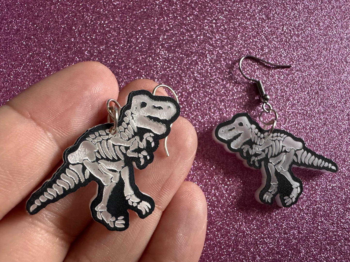 Dinosaur Skeleton Earrings: Laser Cut Acrylic Dinosaurs, Bones, Skeletons, Novelty Earrings, Costume Jewelry, Best Gifts for Her/Him/Them