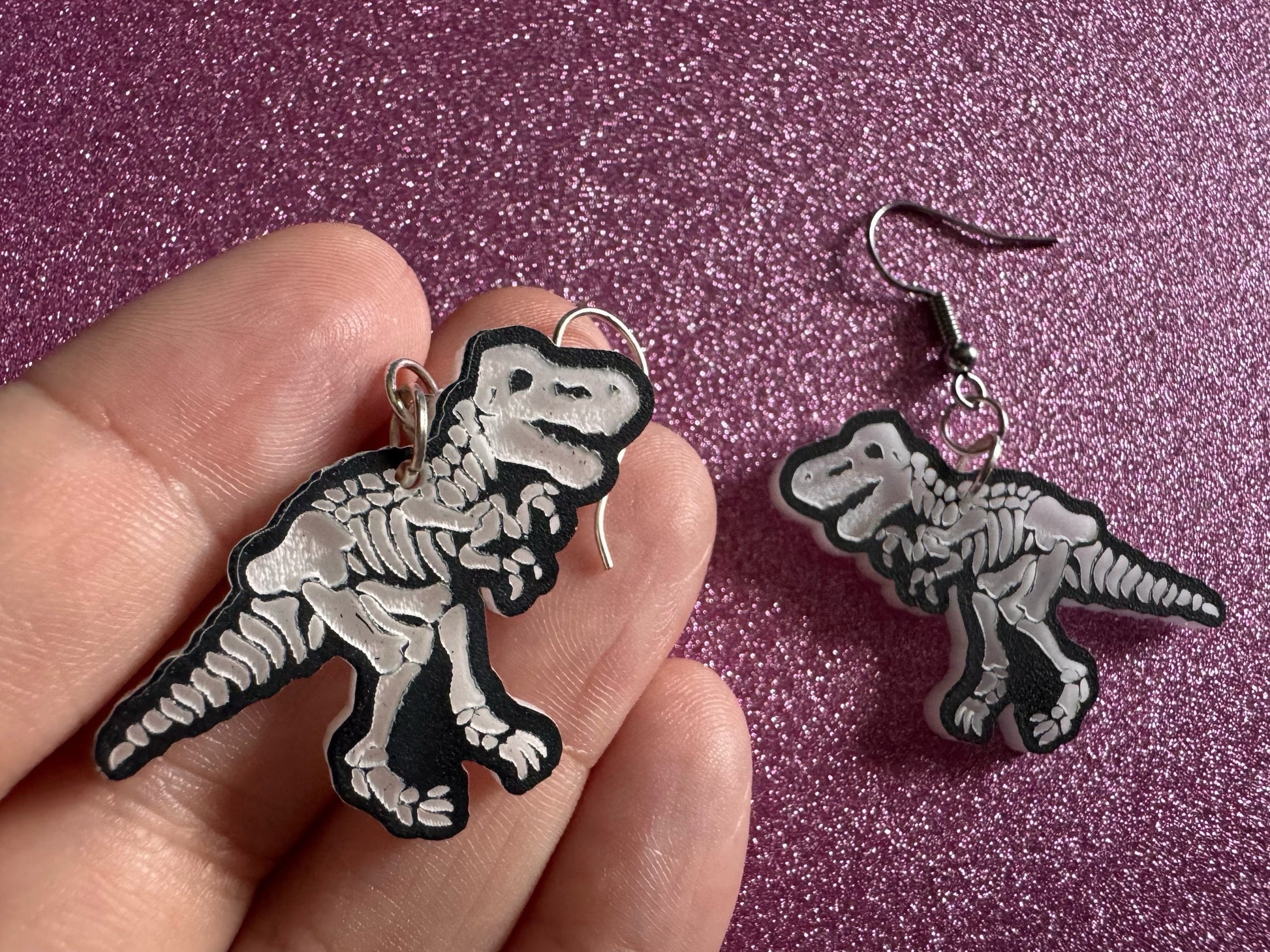 Dinosaur Skeleton Earrings: Laser Cut Acrylic Dinosaurs, Bones, Skeletons, Novelty Earrings, Costume Jewelry, Best Gifts for Her/Him/Them