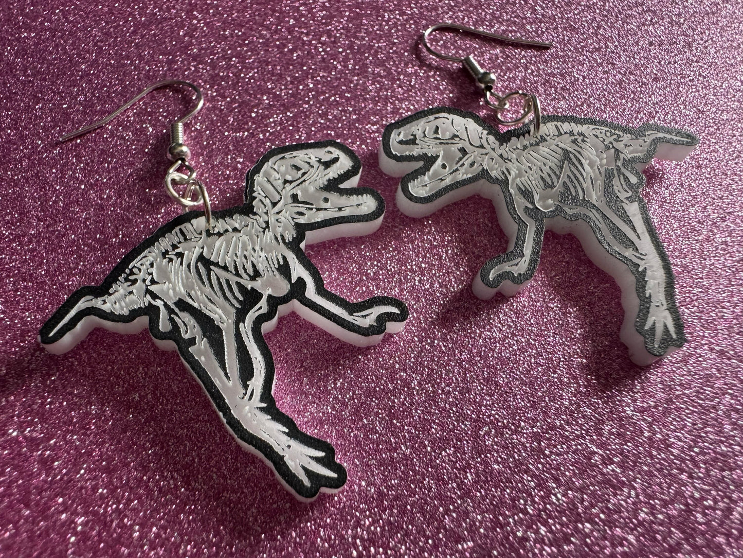 Dinosaur Skeleton Earrings: Laser Cut Acrylic Dinosaurs, Bones, Skeletons, Novelty Earrings, Costume Jewelry, Best Gifts for Her/Him/Them