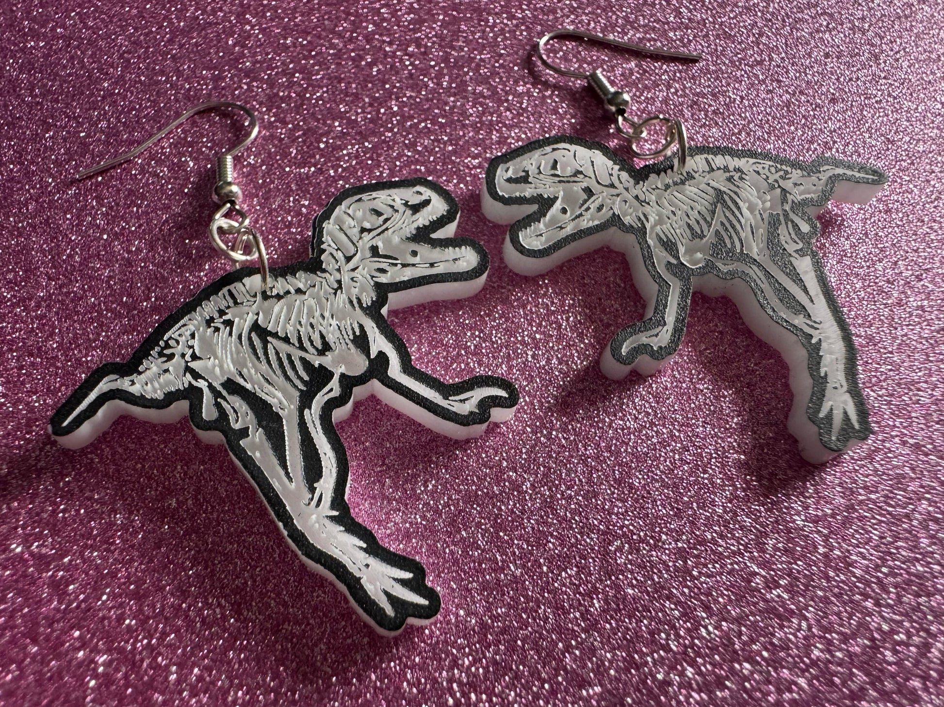 Dinosaur Skeleton Earrings: Laser Cut Acrylic Dinosaurs, Bones, Skeletons, Novelty Earrings, Costume Jewelry, Best Gifts for Her/Him/Them