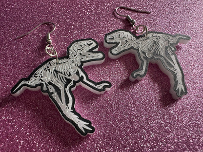 Dinosaur Skeleton Earrings: Laser Cut Acrylic Dinosaurs, Bones, Skeletons, Novelty Earrings, Costume Jewelry, Best Gifts for Her/Him/Them