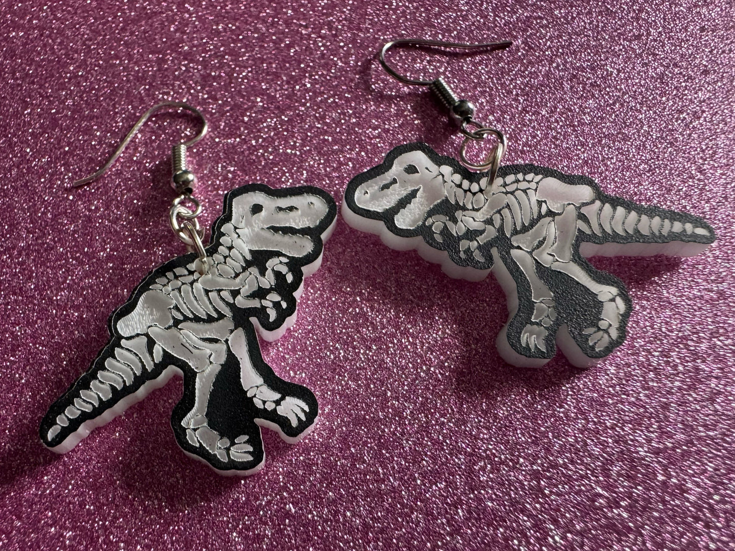 Dinosaur Skeleton Earrings: Laser Cut Acrylic Dinosaurs, Bones, Skeletons, Novelty Earrings, Costume Jewelry, Best Gifts for Her/Him/Them