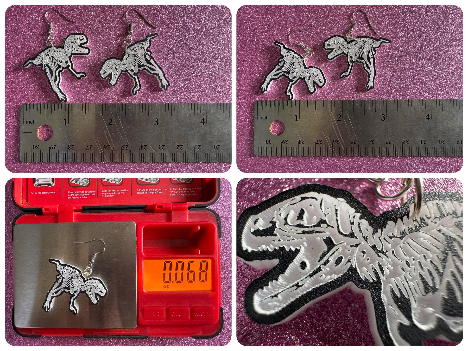 Dinosaur Skeleton Earrings: Laser Cut Acrylic Dinosaurs, Bones, Skeletons, Novelty Earrings, Costume Jewelry, Best Gifts for Her/Him/Them