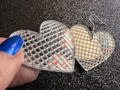 Disco Heart Earrings: Mirrored Laser Cut Acrylic Disco Ball Hearts, Music, Musical, Retro, Party, Celebrate, Best Gifts for Her/Him/Them
