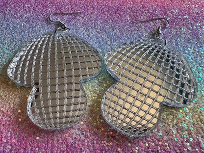Disco Mushroom Earrings: Mirrored Laser Cut Acrylic Mushrooms, Shroom, Amanita, Retro, Party, Celebrate, Mycology, Gifts for Her/Him/Them