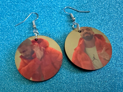 Drake Posting Meme Earrings: Wooden Sublimated Meme Earrings, Novelty, Pop Culture, Drake Hotline Bling Meme, Best Gifts for Her/Him/Them