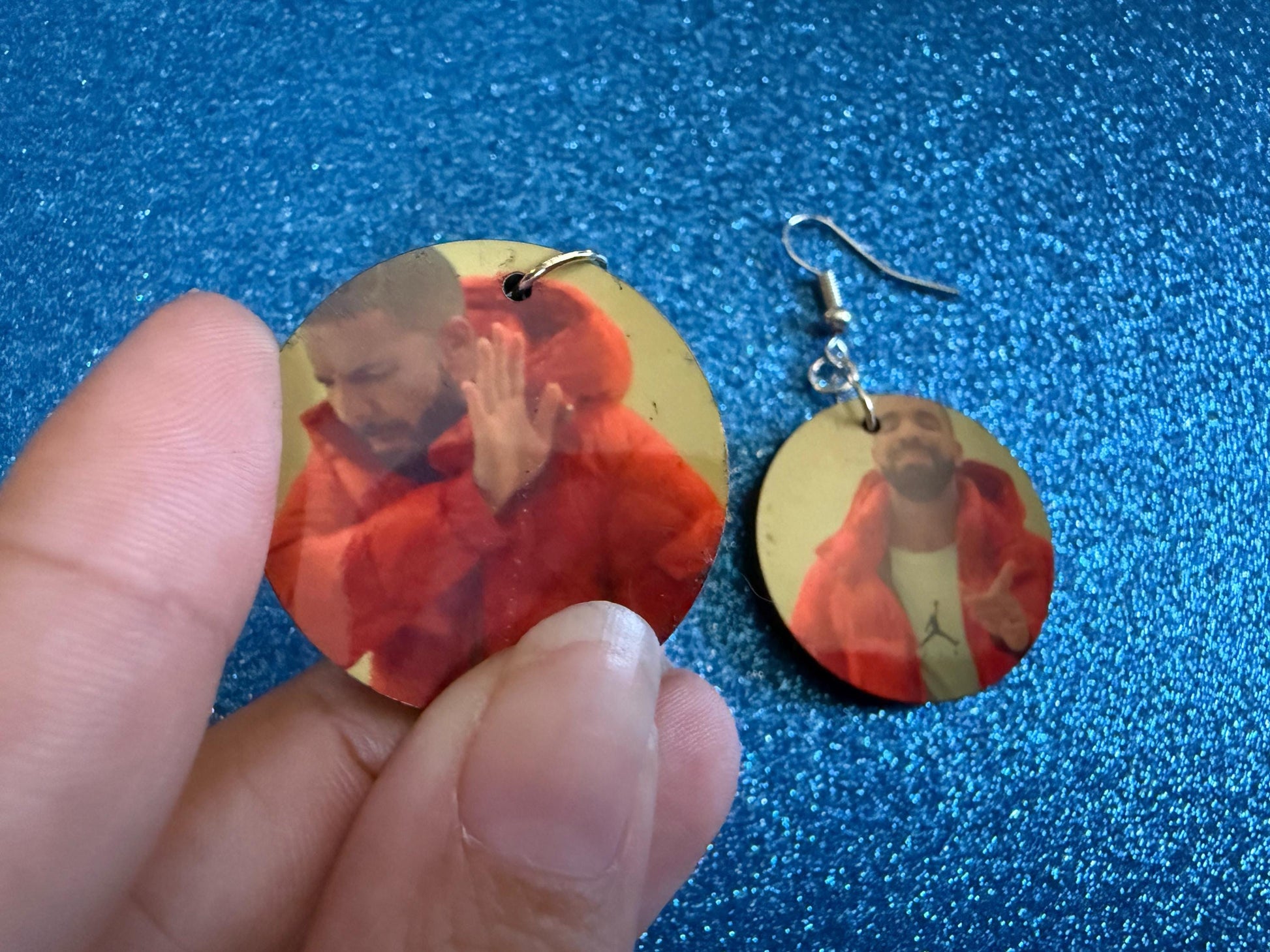 Drake Posting Meme Earrings: Wooden Sublimated Meme Earrings, Novelty, Pop Culture, Drake Hotline Bling Meme, Best Gifts for Her/Him/Them