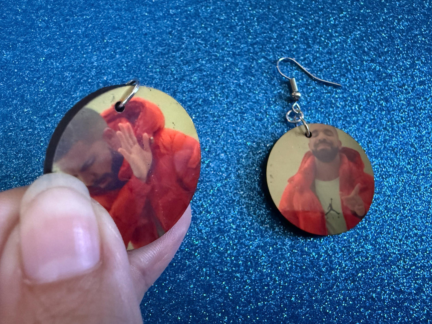 Drake Posting Meme Earrings: Wooden Sublimated Meme Earrings, Novelty, Pop Culture, Drake Hotline Bling Meme, Best Gifts for Her/Him/Them