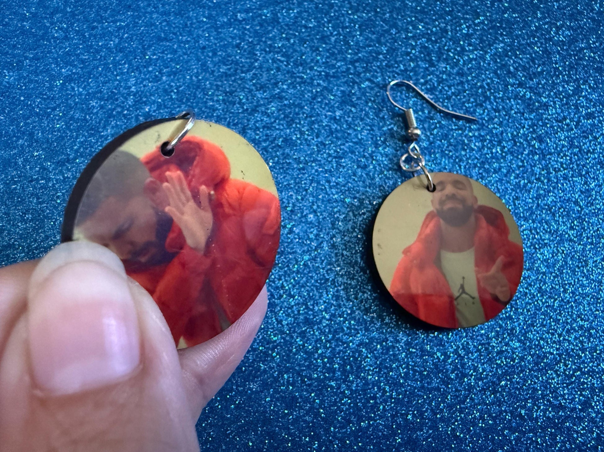 Drake Posting Meme Earrings: Wooden Sublimated Meme Earrings, Novelty, Pop Culture, Drake Hotline Bling Meme, Best Gifts for Her/Him/Them
