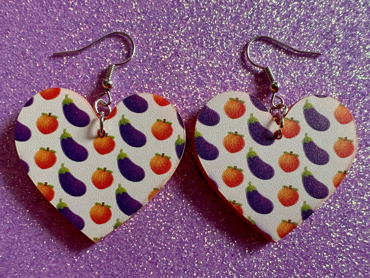 Eggplant & Peach Emoticon Earrings: Laser Cut Acrylic Emoji Earrings, Hearts, Food, Naughty, Silly, Novelty, Best Gifts for Her/Him/Them