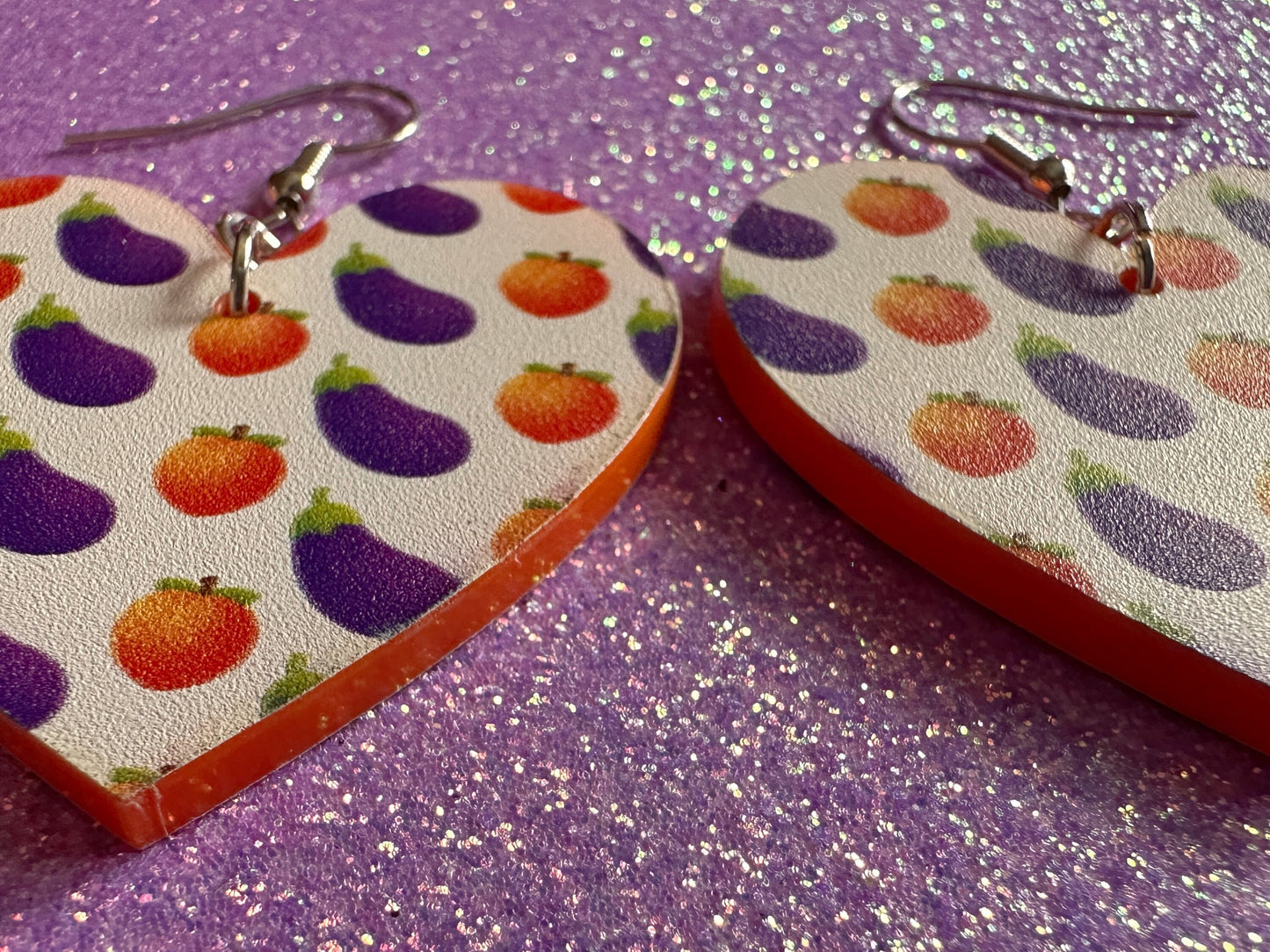 Eggplant & Peach Emoticon Earrings: Laser Cut Acrylic Emoji Earrings, Hearts, Food, Naughty, Silly, Novelty, Best Gifts for Her/Him/Them