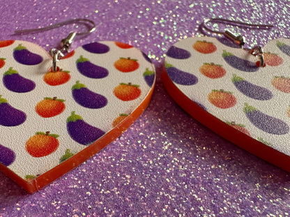 Eggplant & Peach Emoticon Earrings: Laser Cut Acrylic Emoji Earrings, Hearts, Food, Naughty, Silly, Novelty, Best Gifts for Her/Him/Them