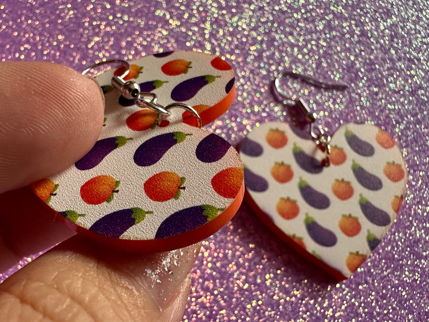 Eggplant & Peach Emoticon Earrings: Laser Cut Acrylic Emoji Earrings, Hearts, Food, Naughty, Silly, Novelty, Best Gifts for Her/Him/Them
