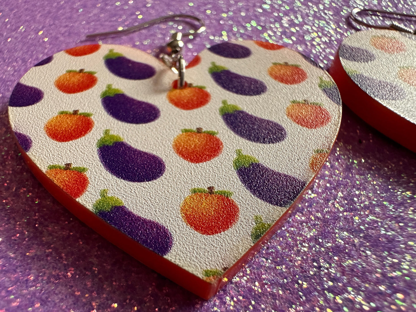 Eggplant & Peach Emoticon Earrings: Laser Cut Acrylic Emoji Earrings, Hearts, Food, Naughty, Silly, Novelty, Best Gifts for Her/Him/Them