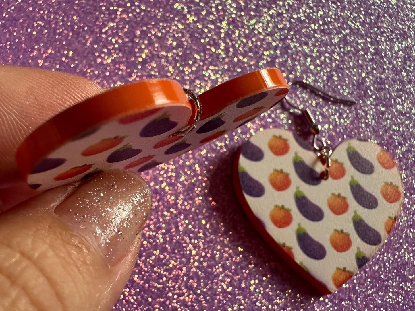 Eggplant & Peach Emoticon Earrings: Laser Cut Acrylic Emoji Earrings, Hearts, Food, Naughty, Silly, Novelty, Best Gifts for Her/Him/Them