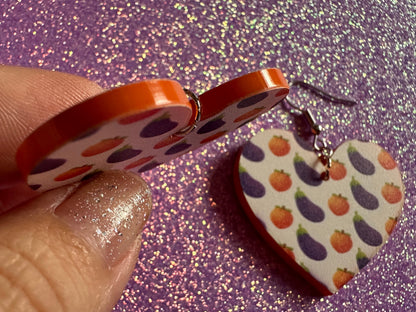Eggplant & Peach Emoticon Earrings: Laser Cut Acrylic Emoji Earrings, Hearts, Food, Naughty, Silly, Novelty, Best Gifts for Her/Him/Them
