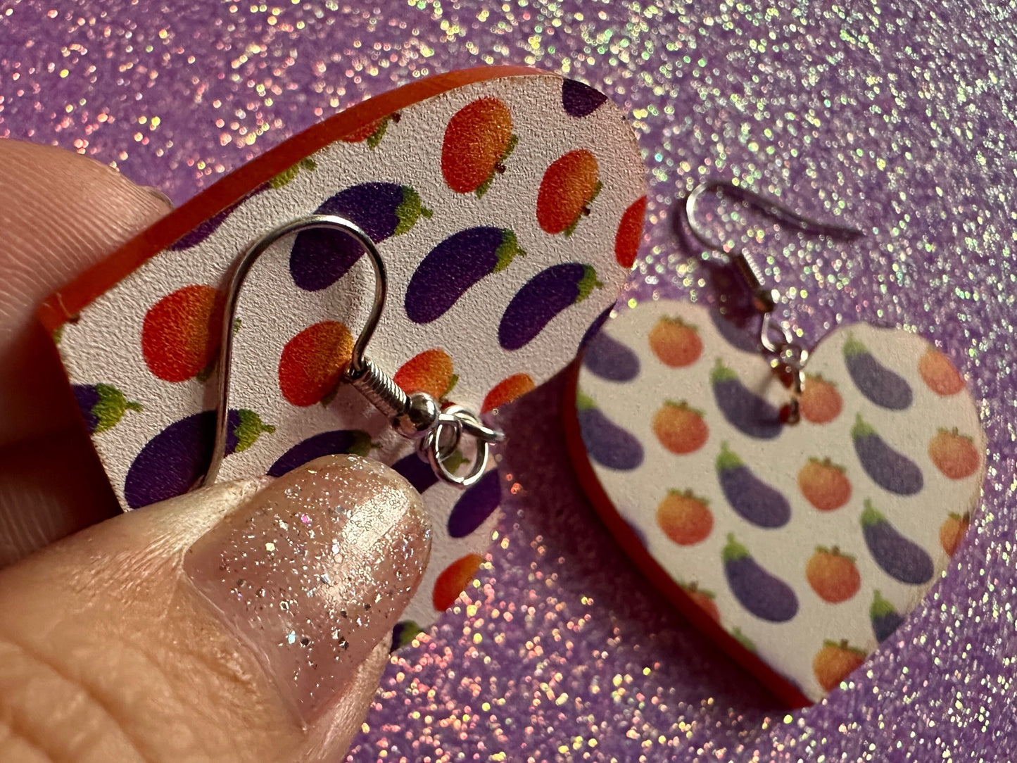 Eggplant & Peach Emoticon Earrings: Laser Cut Acrylic Emoji Earrings, Hearts, Food, Naughty, Silly, Novelty, Best Gifts for Her/Him/Them