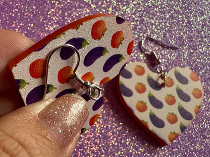 Eggplant & Peach Emoticon Earrings: Laser Cut Acrylic Emoji Earrings, Hearts, Food, Naughty, Silly, Novelty, Best Gifts for Her/Him/Them