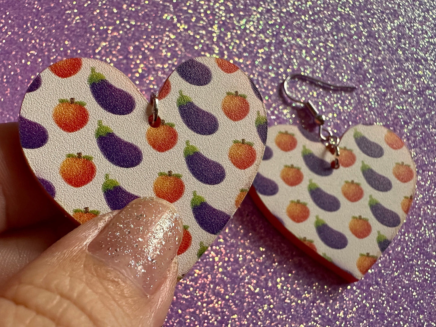 Eggplant & Peach Emoticon Earrings: Laser Cut Acrylic Emoji Earrings, Hearts, Food, Naughty, Silly, Novelty, Best Gifts for Her/Him/Them