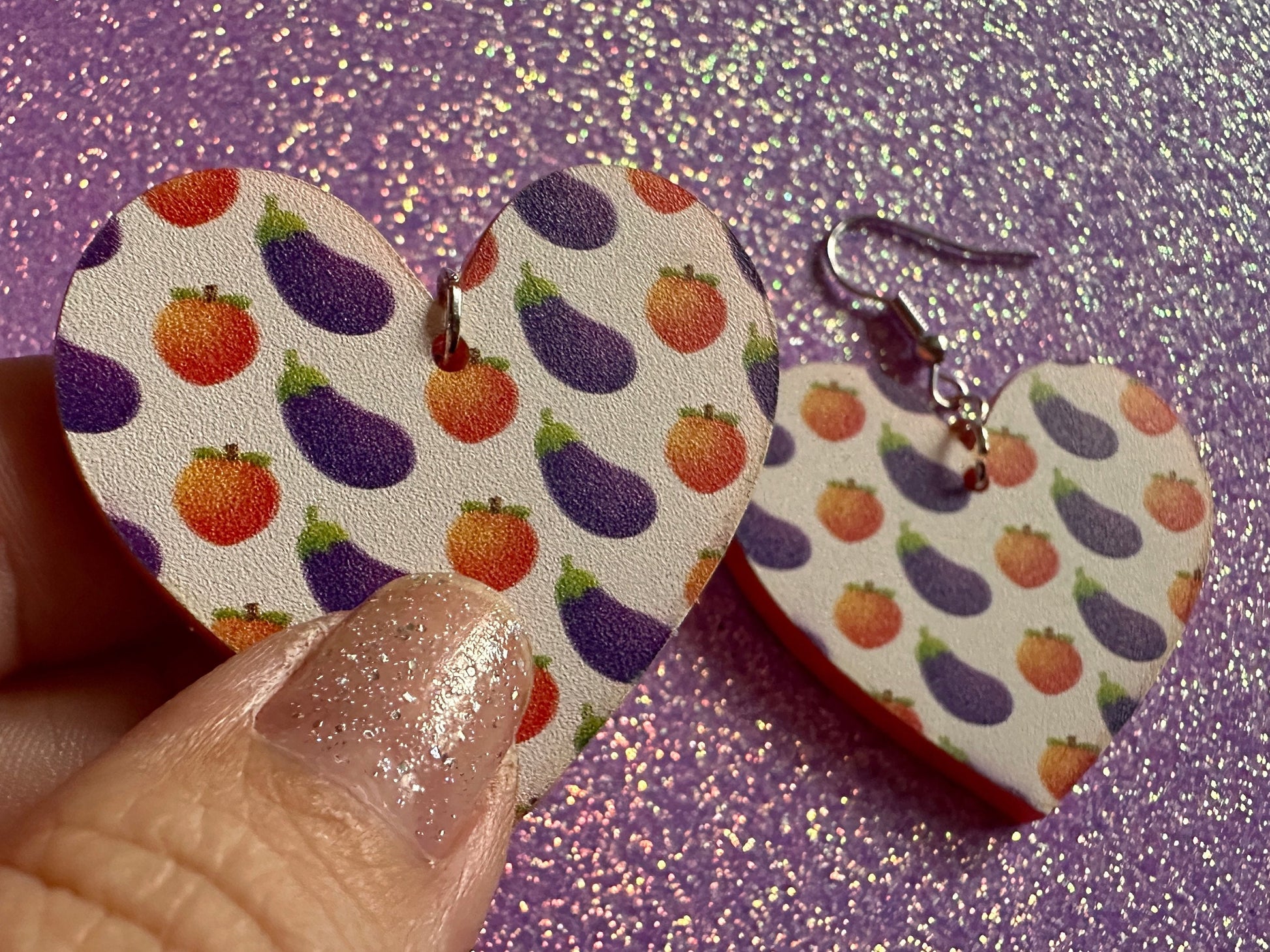 Eggplant & Peach Emoticon Earrings: Laser Cut Acrylic Emoji Earrings, Hearts, Food, Naughty, Silly, Novelty, Best Gifts for Her/Him/Them