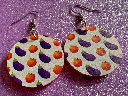Eggplant & Peach Emoticon Earrings: Laser Cut Acrylic Emoji Earrings, Vegetable, Food, Naughty, Silly, Novelty, Best Gifts for Her/Him/Them