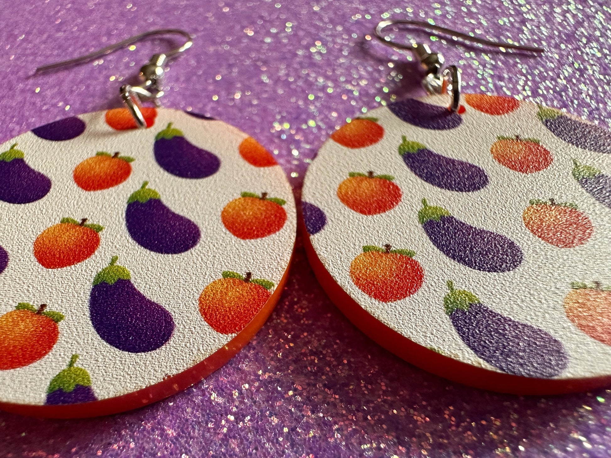 Eggplant & Peach Emoticon Earrings: Laser Cut Acrylic Emoji Earrings, Vegetable, Food, Naughty, Silly, Novelty, Best Gifts for Her/Him/Them